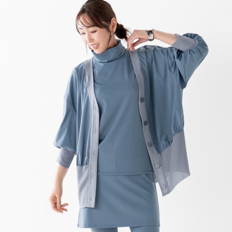 MASAGO シフォン切替ハイストレッチドッキングカーディガン