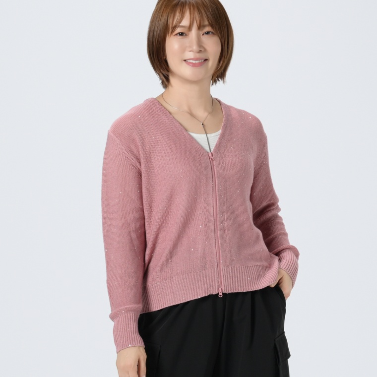 FEE CERISE スパンコール入りWジップVネックカーデイガン