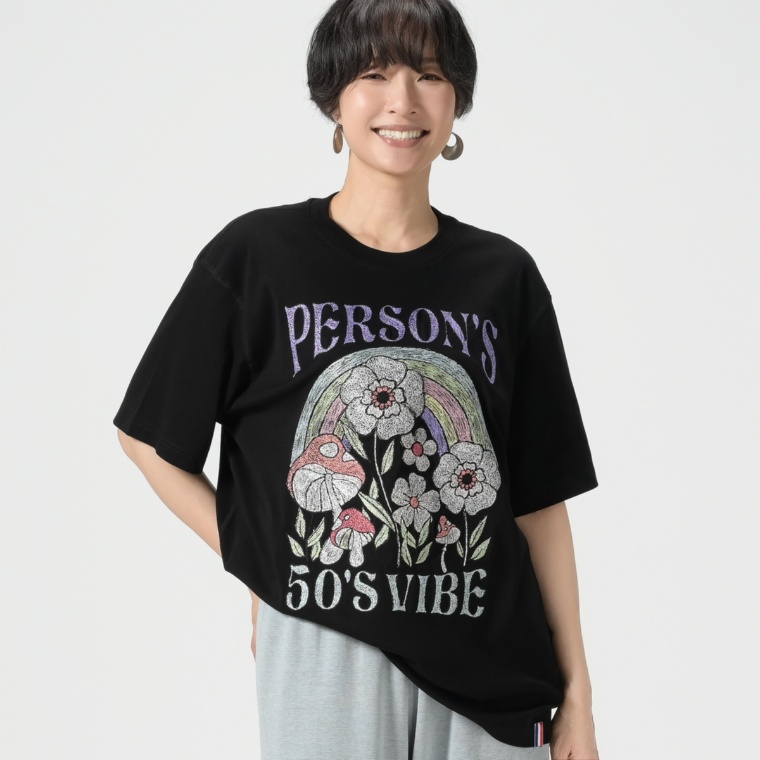 PERSONS フラワーグラフィック刺繍Tシャツ