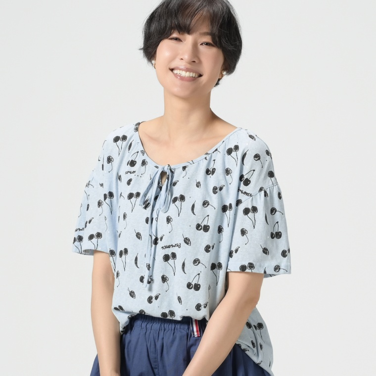 PERSONS チェリープリントギャザートップス
