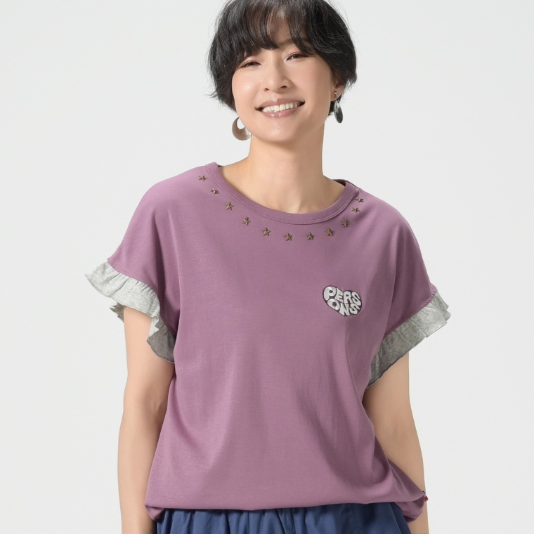 PERSONS 袖フリルハート刺繍Tシャツ