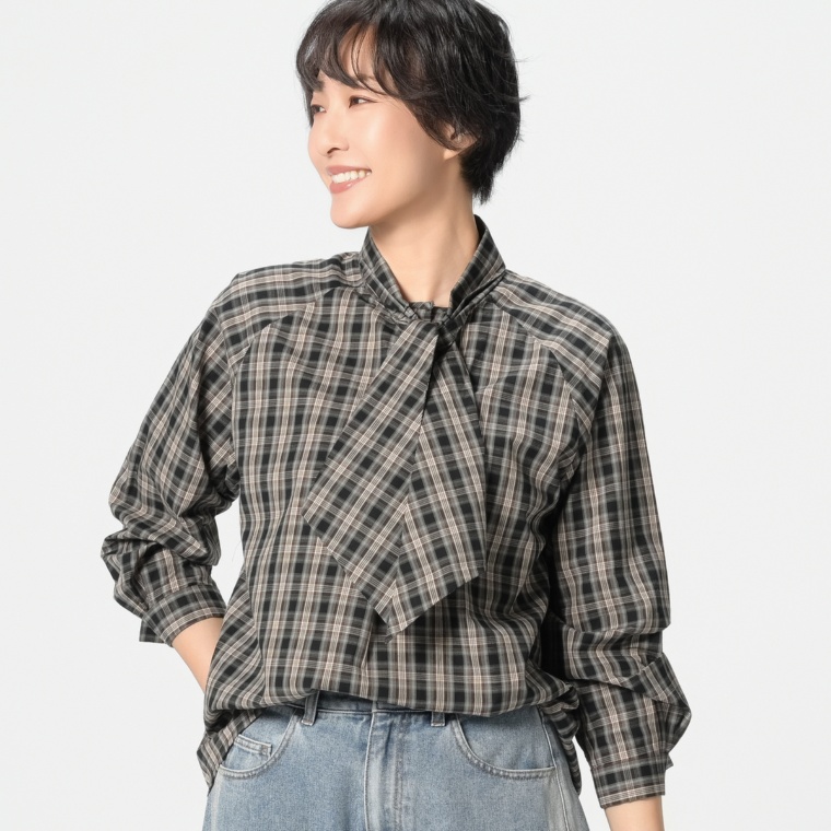 MERCI GRACE 大人のエスプリボウタイチェックシャツ
