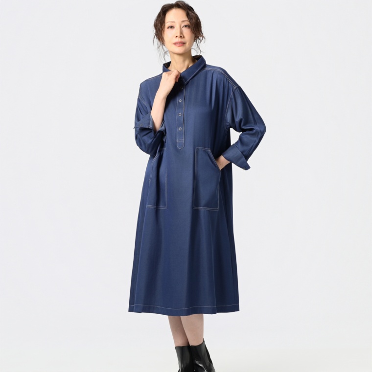 ModdedAnce 配色ステッチシャンブレーワンピース