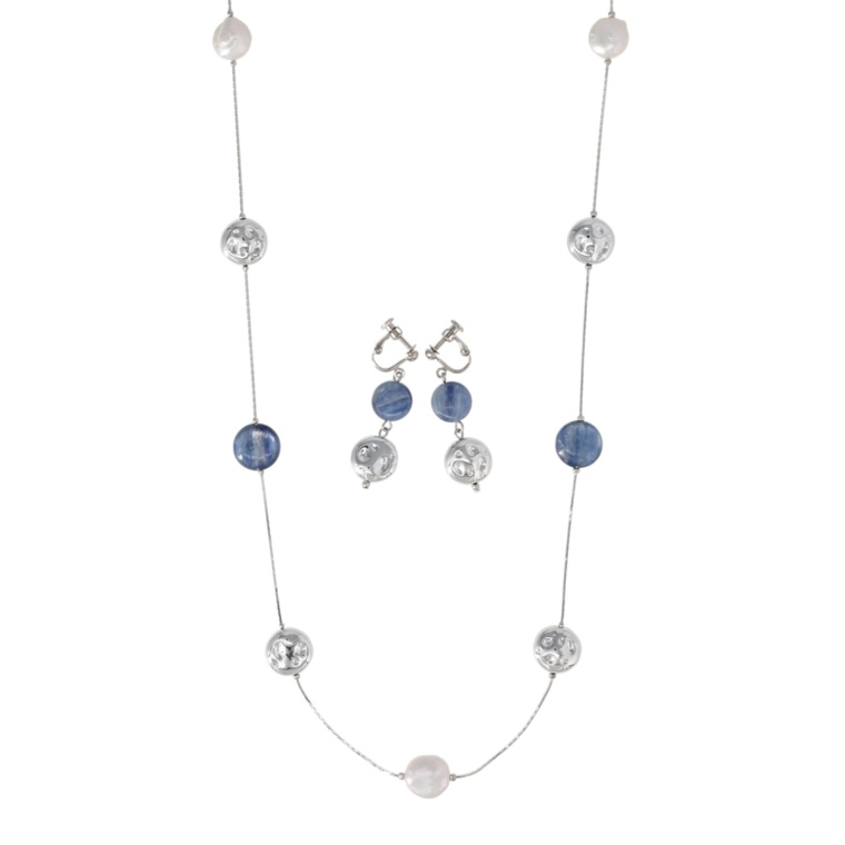 カイヤナイト&淡水パール ステーションネックレス&イヤリング/ピアス