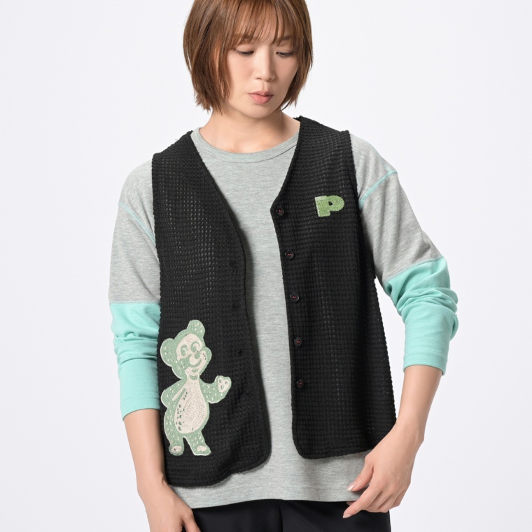 PERSONS レトロ刺繍前開きワッフルベスト