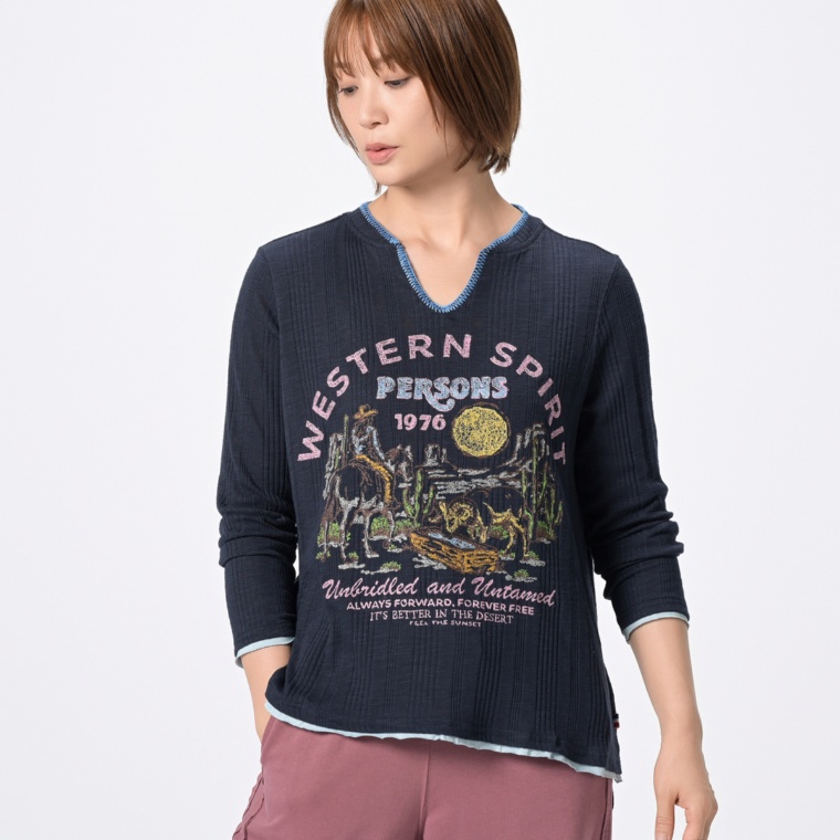 PERSONSブランケットステッチ衿ランドスケープ刺繍テレコT