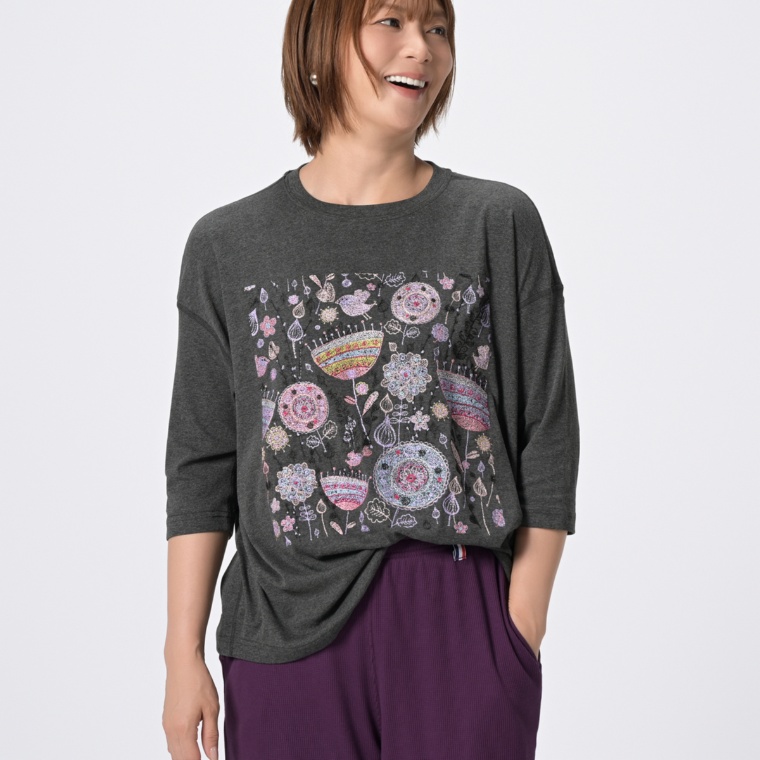 PERSONS バード&フラワー刺繍Tシャツ