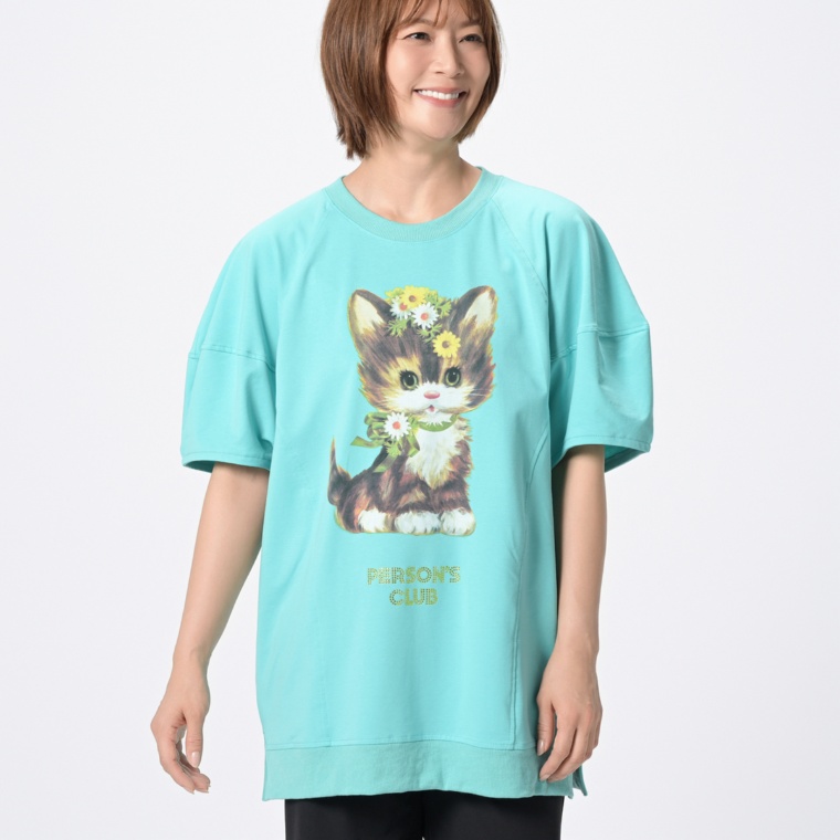 PERSONS バルーン袖キャットプリントトップス