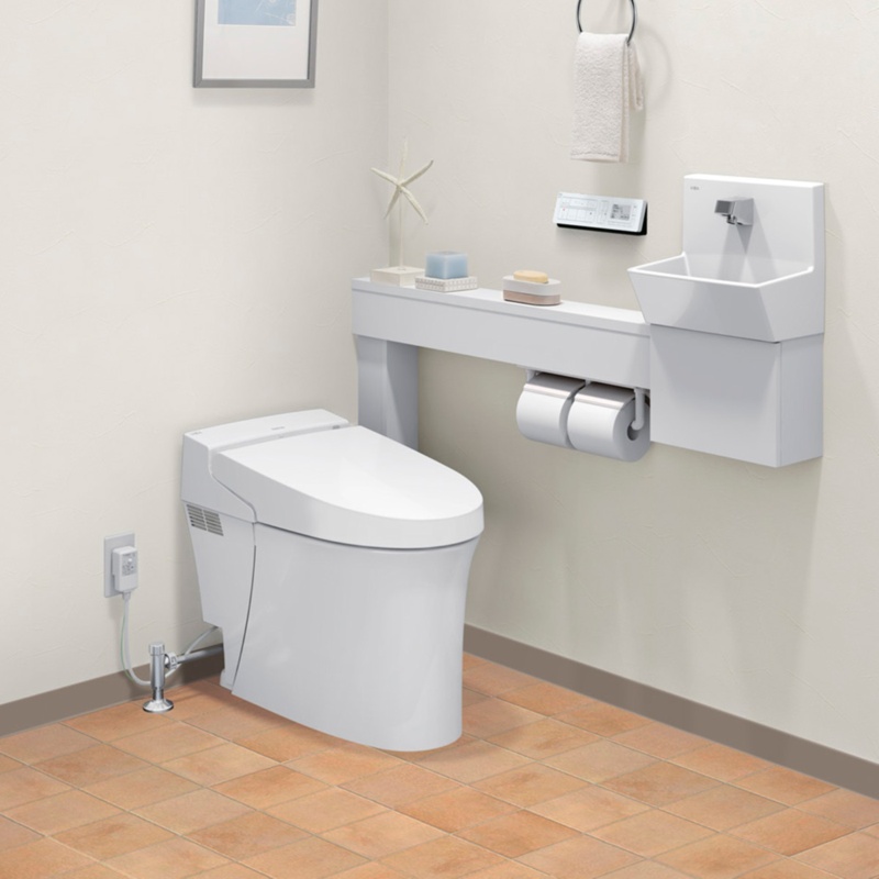 レトロ 手洗い水洗/床 ヘキサゴン柄/LIXILトイレ グレー/グレーの壁/バス/トイレのインテリア実例